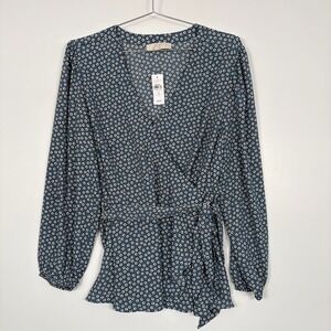 LOFT Women Plus Size 18 Blue Floral Medallion Wrap Top Long Sleeve NWT